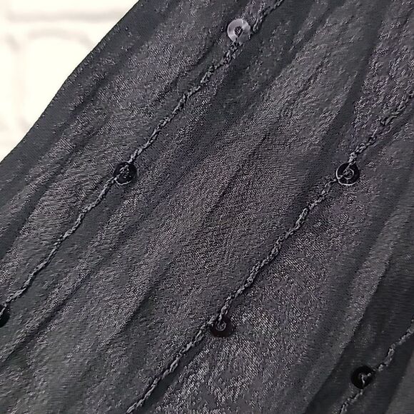 Vintage Petite Black Sheer Sequin Frilly Ruffle Button Down Crepe Blouse Whimsy - Picture 9 of 11